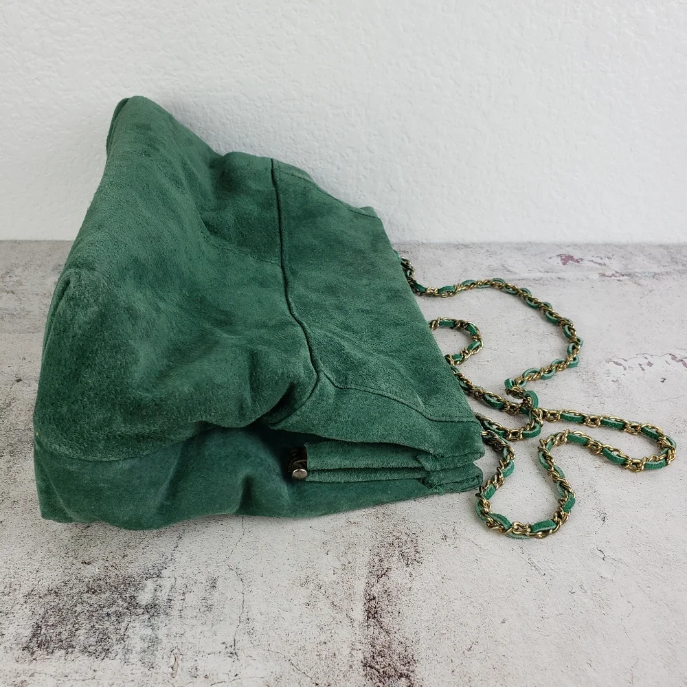 Vintage Suede Leather Purse Bag Emerald Green Crossbody Big Mouth Chain Strap